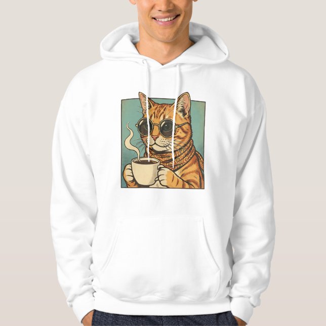 Cool Cat Coffee Retro Style Design for Cat Lovers Hoodie (Framsida)