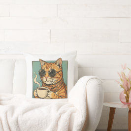 Cool Cat Coffee Retro Style Design for Cat Lovers Kudde