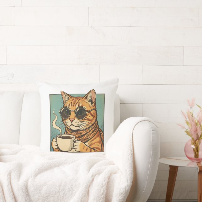 Cool Cat Coffee Retro Style Design for Cat Lovers Kudde (Soffa)
