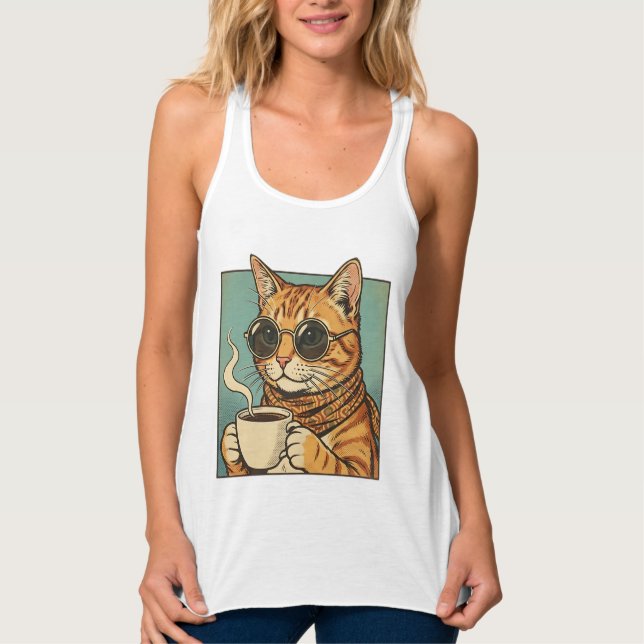 Cool Cat Coffee Retro Style Design for Cat Lovers Linne Med Racerback (Framsida)
