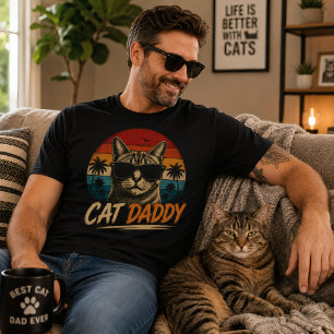 Cool Cat Daddy Retro solnedgång Palm fadersdag T Shirt