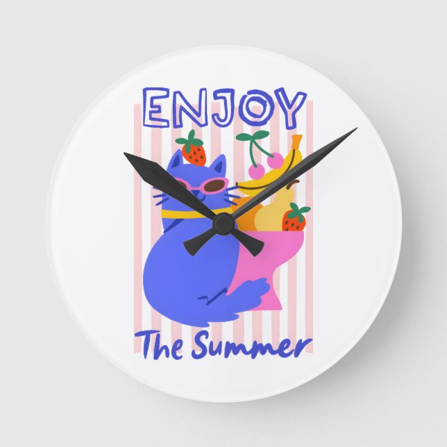 Cool Cat Enjoying the Summer Rund Klocka (Framsida)