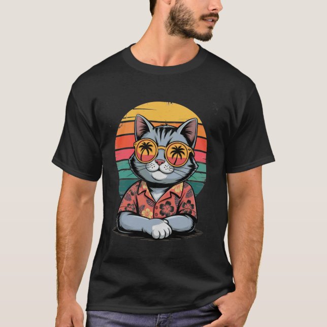 Cool Cat Hawaiianskjorta Retro solnedgång Rollig s T Shirt (Framsida)