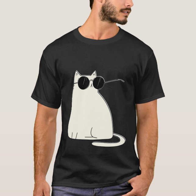 Cool Cat in Shades — Minimal White Kitty T Shirt (Framsida)