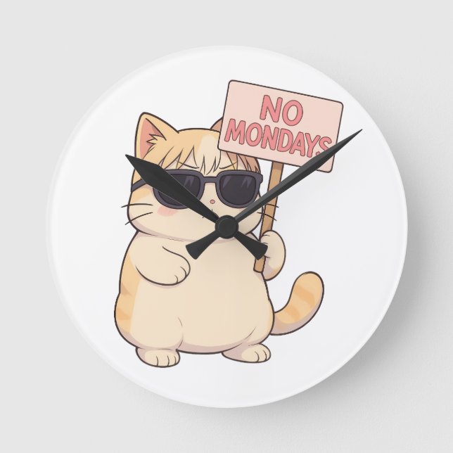 Cool Cat Inga Måndagar Estetiskt Meme Rund Klocka (Framsida)