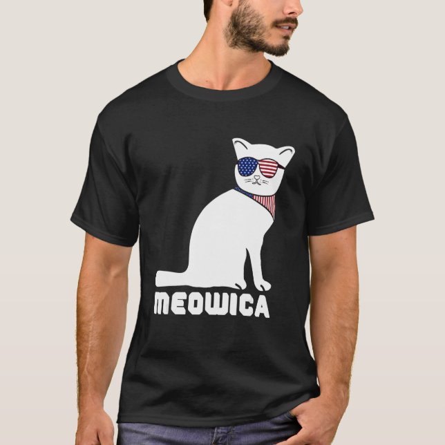 Cool Cat Meowica 4th of July Men Women T Shirt (Framsida)