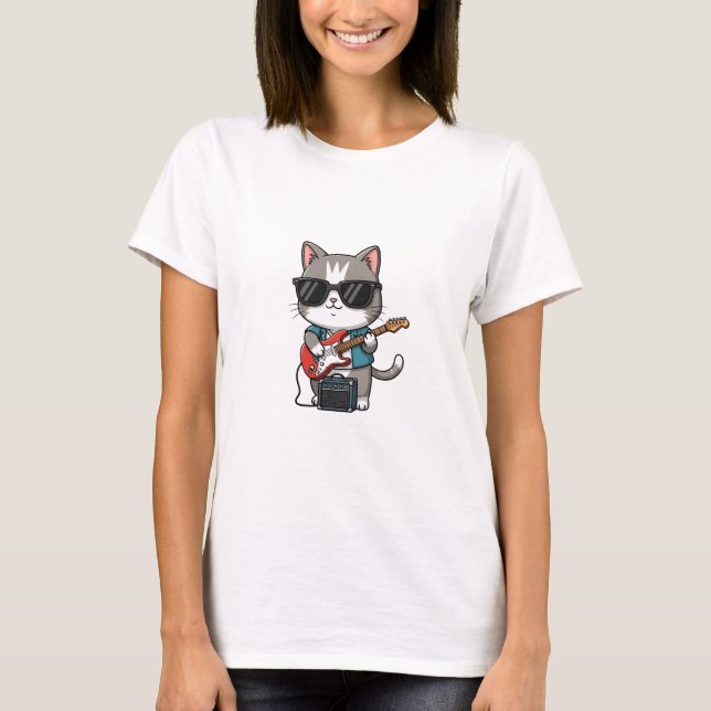 Cool Cat Playing Electric Guitar with Sunglasses T Shirt (Framsida)