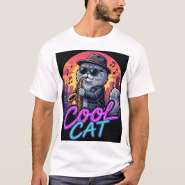 Cool Cat Saxophone – Retro Neon 90s Jazz Cat Desig T Shirt
