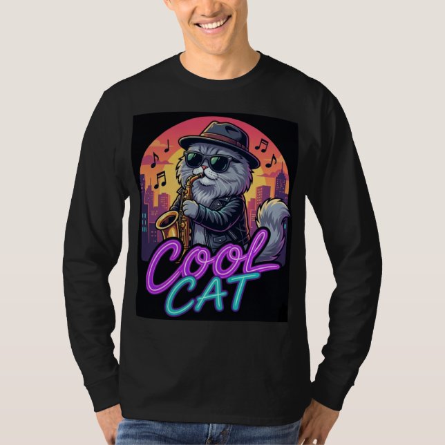 Cool Cat Saxophone – Retro Neon 90s Jazz Cat Desig T Shirt (Framsida)
