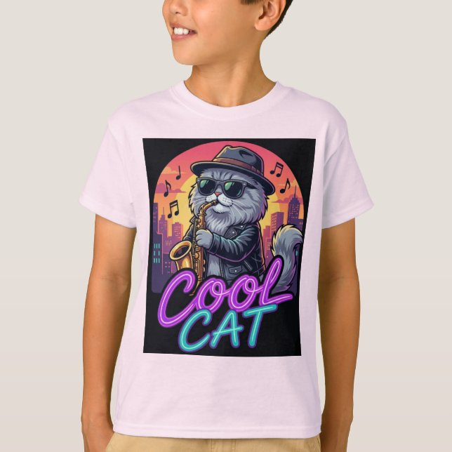 Cool Cat Saxophone – Retro Neon 90s Jazz Cat Desig T Shirt (Framsida)