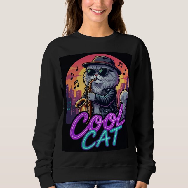 Cool Cat Saxophone – Retro Neon 90s Jazz Cat Desig T Shirt (Framsida)