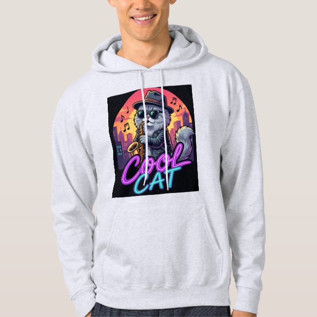Cool Cat Saxophone –Retro Neon 90s Jazz Cat Design Hoodie (Framsida)