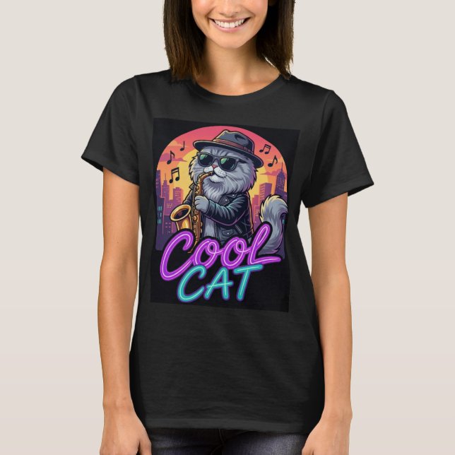 Cool Cat Saxophone –Retro Neon 90s Jazz Cat Design T Shirt (Framsida)