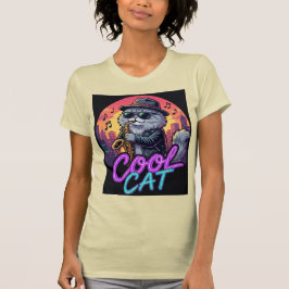 Cool Cat Saxophone –Retro Neon 90s Jazz Cat Design T Shirt