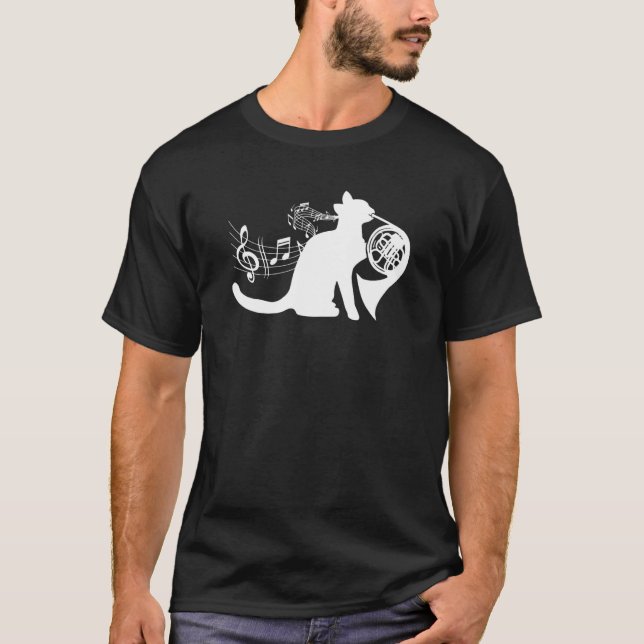 Cool Cat som spelar franskt horn Musiker Orkester  T Shirt (Framsida)