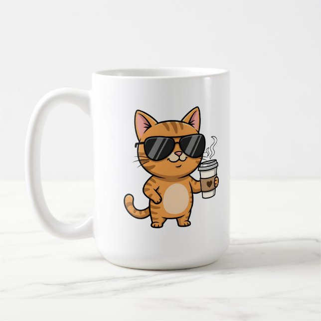 Cool Cat with Coffee – Funny Cartoon Art Kaffemugg (Vänster)