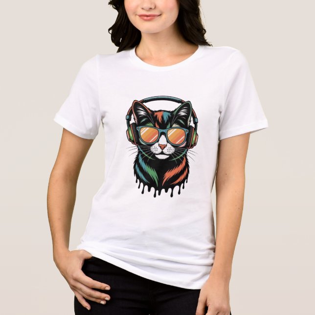 Cool Cat with Headphones and Sunglasses T Shirt (Framsida)