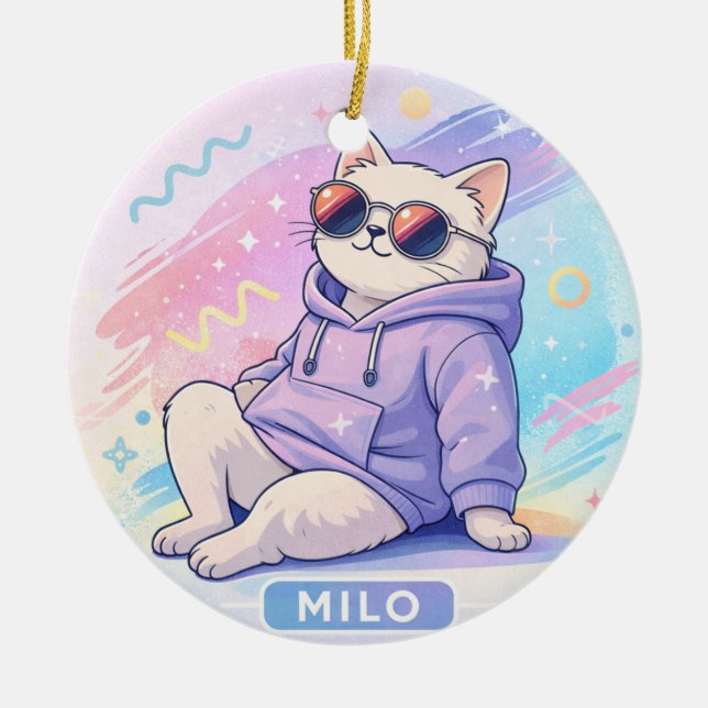 Cool Cat with Name MILO | Cute Aesthetic  Julgransprydnad Keramik (Framsidan)