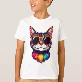 Cool Cat with Sunglasses Hippie Multi Color Kitten T Shirt