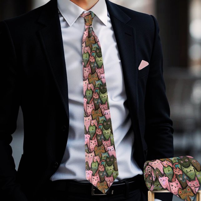 Cool Cats Sömlöst Mönster Slip - Rosa & Grön Rolig Slips (Cool Cats Seamless Pattern Tie - Pink & Green Fun (2))