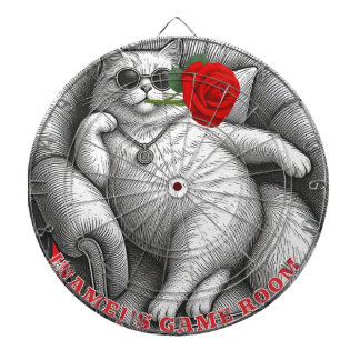 Cool Chonky Katt med Röd Ros Vintage Skiss Konst Darttavla