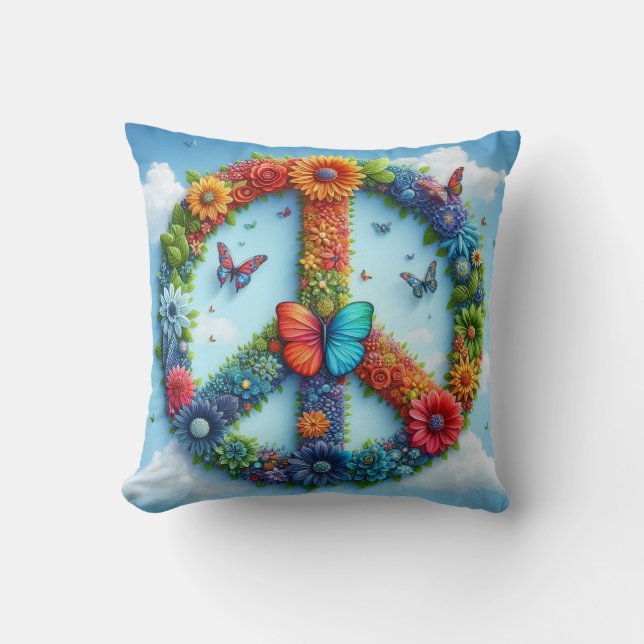 Cool & Colorful Floral Peace Sign med Butterfly Kudde (Framsida)