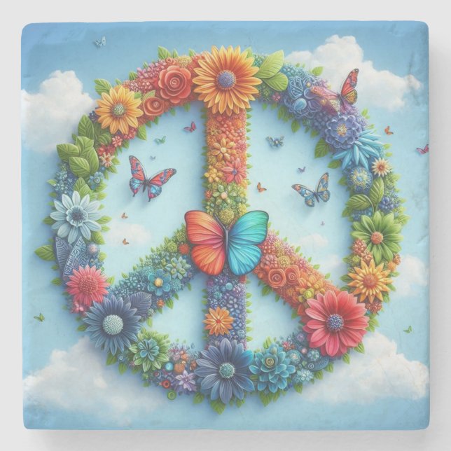 Cool & Colorful Floral Peace Sign med Butterfly Stenunderlägg (Framsidan)