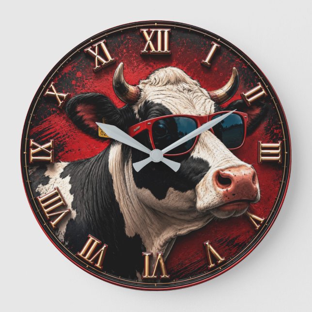 Cool Cow Funny Cow with Sunglasses Farmhouse Stor Klocka (Framsida)