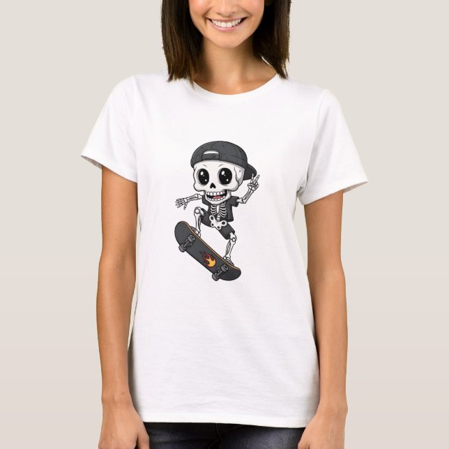 Cool Cute Skeleton Skater Riding Skateboard T Shirt (Framsida)