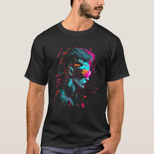 Cool Cyberpunk Style Girl Wearing Virtual Reality  T Shirt (Framsida)
