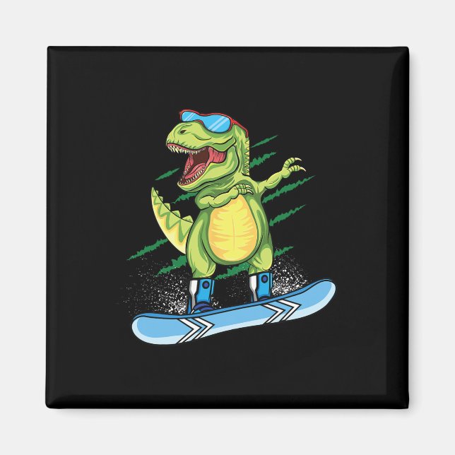 Cool Dinosaur Snowboard Skidning Dabba T Rex Snö Magnet (Framsidan)