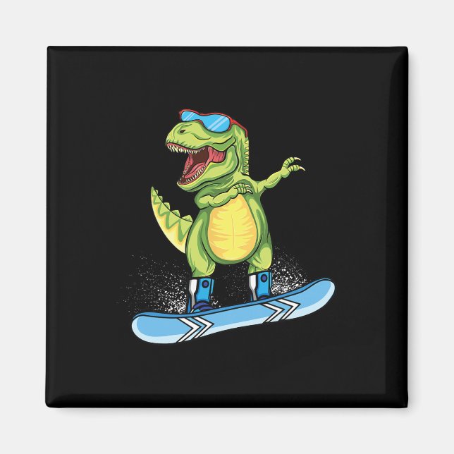 Cool Dinosaur Snowboard Skidning Dabba T Rex Snö Magnet (Framsidan)