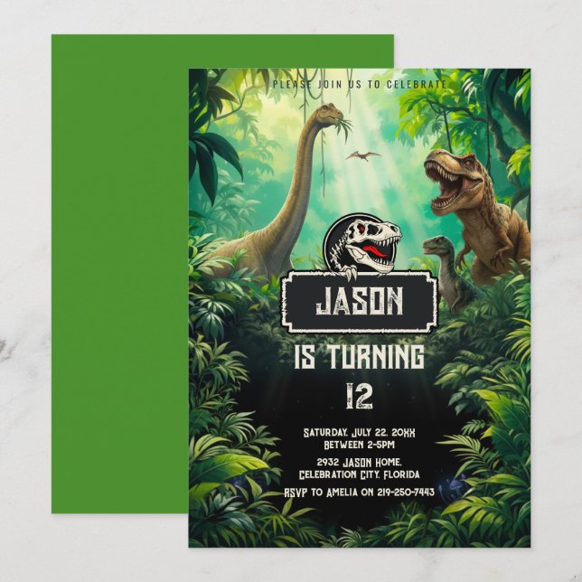 Cool dinosaurie värld Jurassic grönska födelsedag Inbjudningar (Fram/baksida)