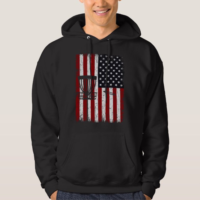Cool Disc Golf Player Distressed USA American Flag Hoodie (Framsida)