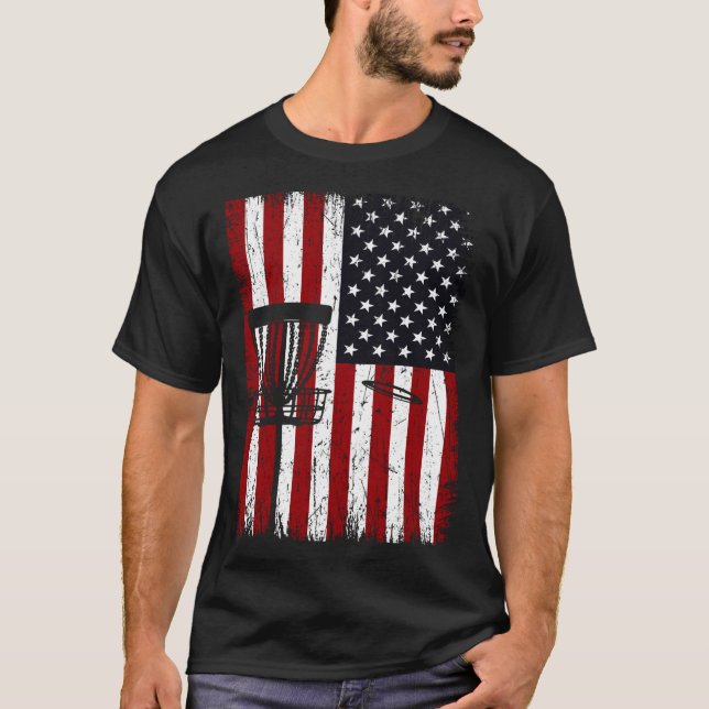 Cool Disc Golf Player Distressed USA American Flag T Shirt (Framsida)