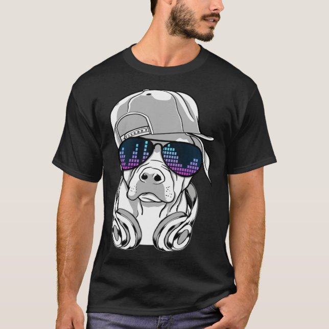 Cool DJ Dog with Sunglasses Headphones and Cap T Shirt (Framsida)