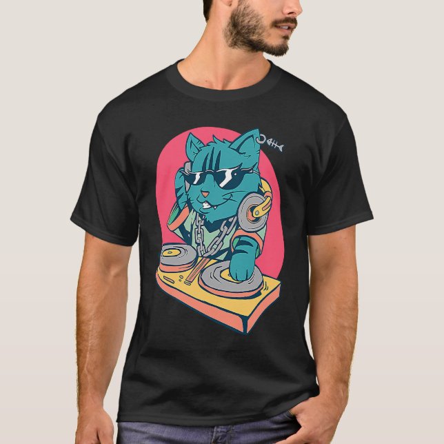 Cool DJ Musik Katt T Shirt (Framsida)