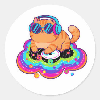 Cool DJ Orange Cat with Headphones on Rainbow Clou Runt Klistermärke