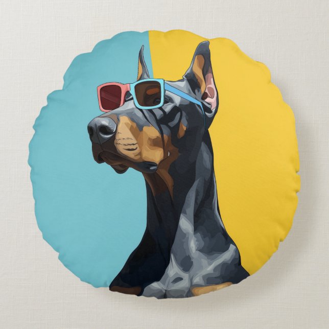 Cool Doberman with sunglasses Rund Kudde (Framsidan)