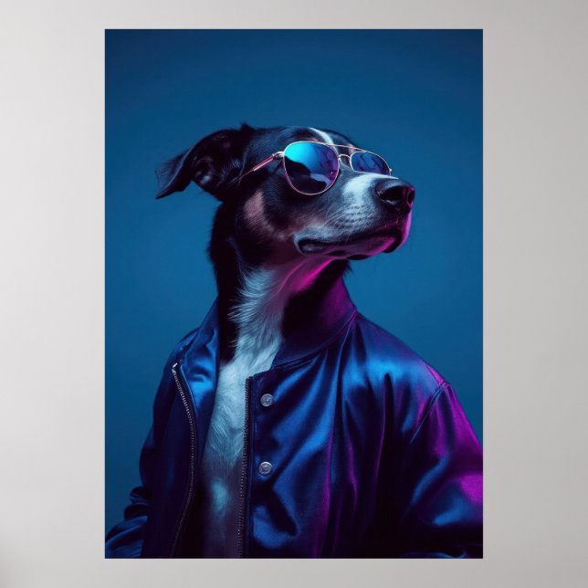 Cool Dog in Blue Jacket - Retro Neon Animal Poster (Framsidan)