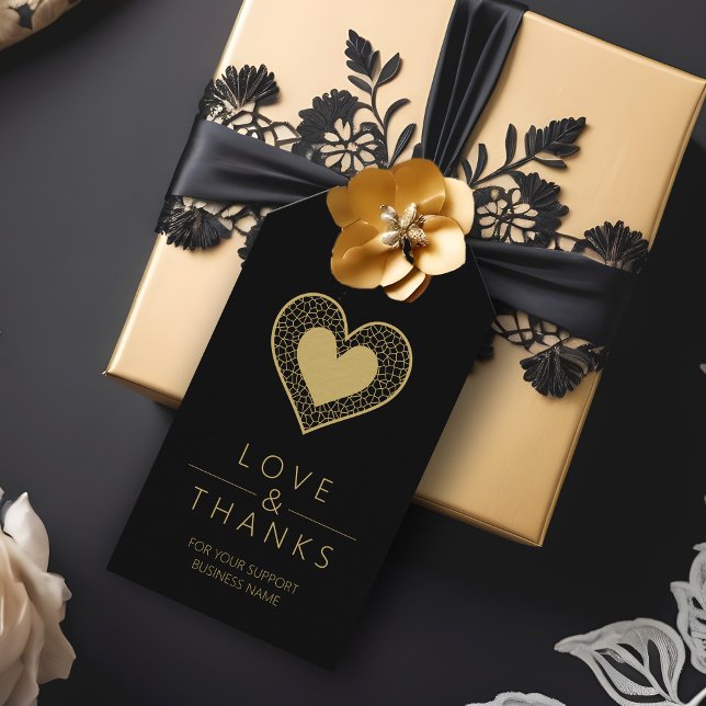 Cool Fake Gold Black Heart Lace Effect Love Thanks Presentetikett (Cool Fake Golden Black Heart Lace Effect Love & Thanks Supporting Small Business Gift Tag.)