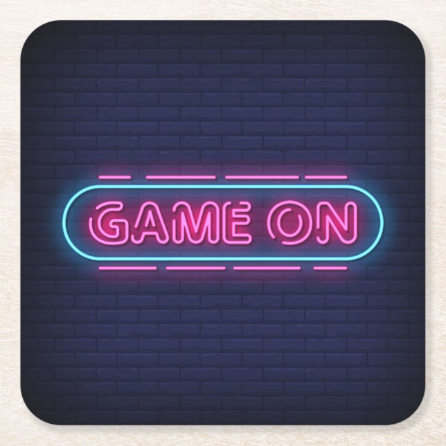 Cool & färgglad Game On simulerad neonskylt Underlägg Papper Kvadrat (Framsidan)