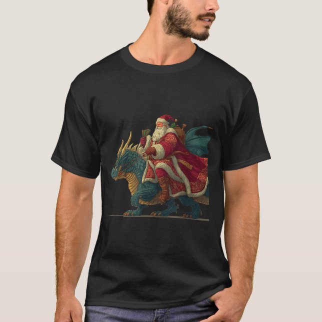 Cool Festive Dragon With Riding Santa Claus Look  T Shirt (Framsida)