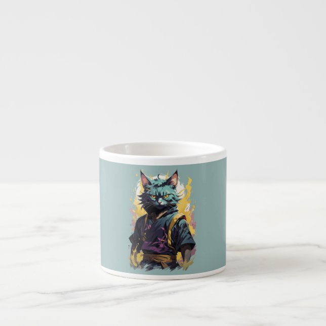 Cool Fire Splash Grå Ninja Katt Krigare Espressomugg (Framsidan)