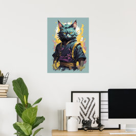 Cool Fire Splash Grå Ninja Katt Krigare Poster