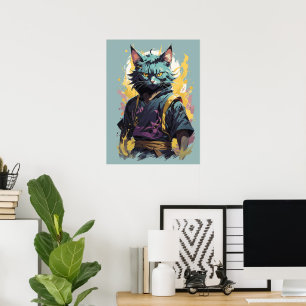 Cool Fire Splash Grå Ninja Katt Krigare Poster