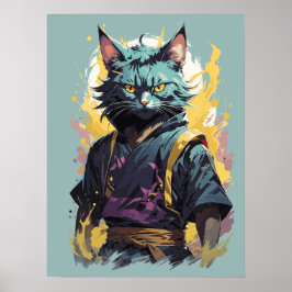 Cool Fire Splash Grå Ninja Katt Krigare Poster