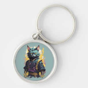 Cool Fire Splash Grå Ninja Katt Krigare Rund Silverfärgad Nyckelring