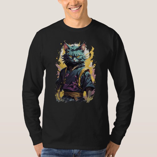 Cool Fire Splash Grå Ninja Katt Krigare T Shirt (Framsida)