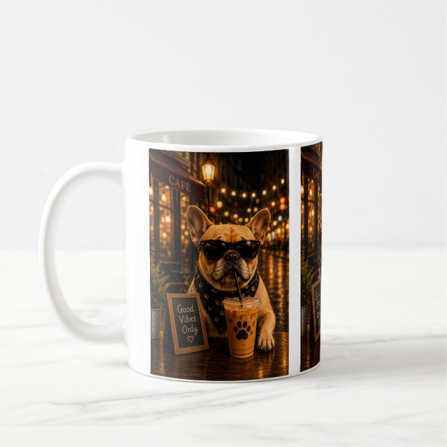 Cool French Bulldog Coffee – “Good Vibes Only” Cut Kaffemugg (Vänster)